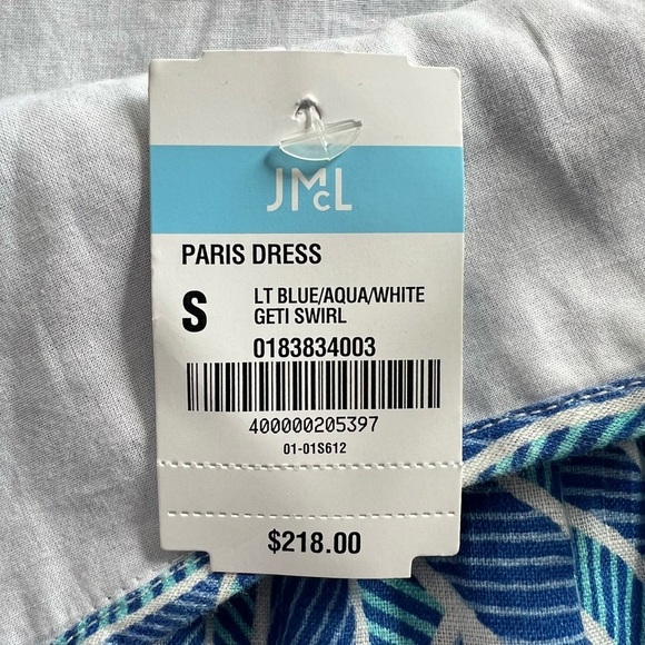 J McLaughlin Paris Linen Maxi Dress Geti Swirl Blue White Aqua Size S NEW - Picture 11 of 14